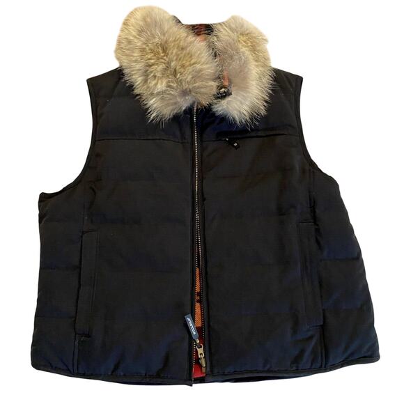 Woolrich Reversible Vest Black-RedPlaid Womens Large Coyote Fur Collar Down Vest - Picture 2 of 16